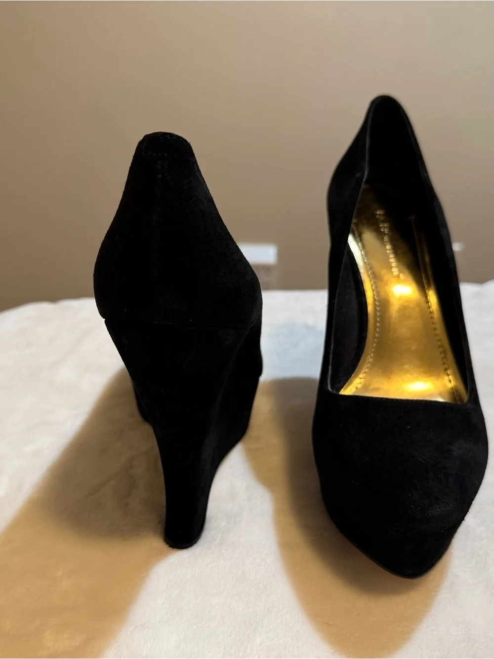 BCBG Black Suede Wedge Pumps with Gold Lining